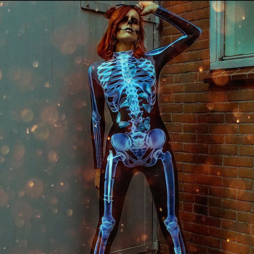 Skeleton Print Bodysuit with Blue and White Design Costume - Picture 4 of 4